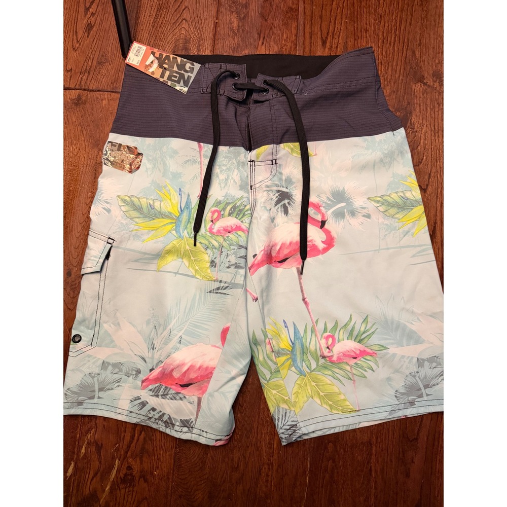Hang Ten Mens Flamingo Tropical Board‎ Shorts Blue Grey Swim Trunks Size 30 NWT